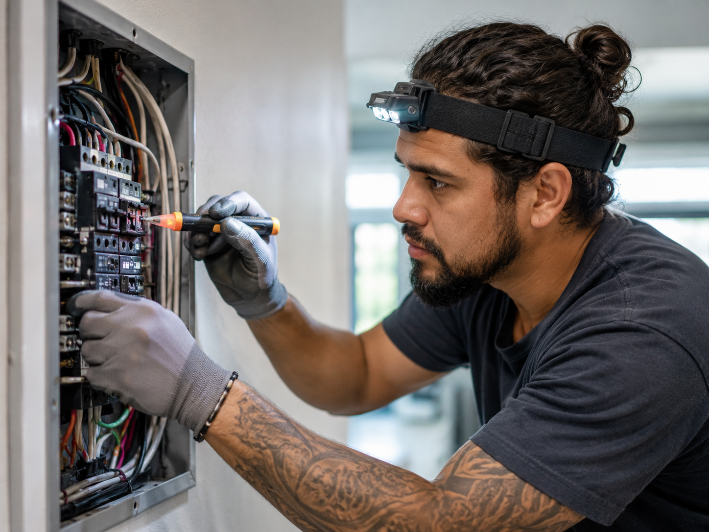 Licensed electrician working on a residential electrical panel