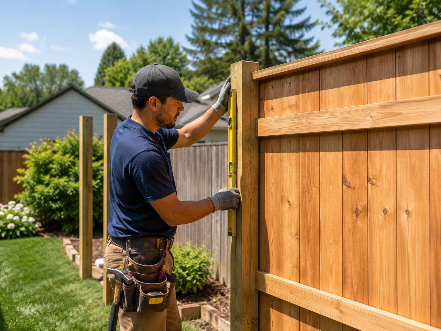 Fence installer building a residential fence