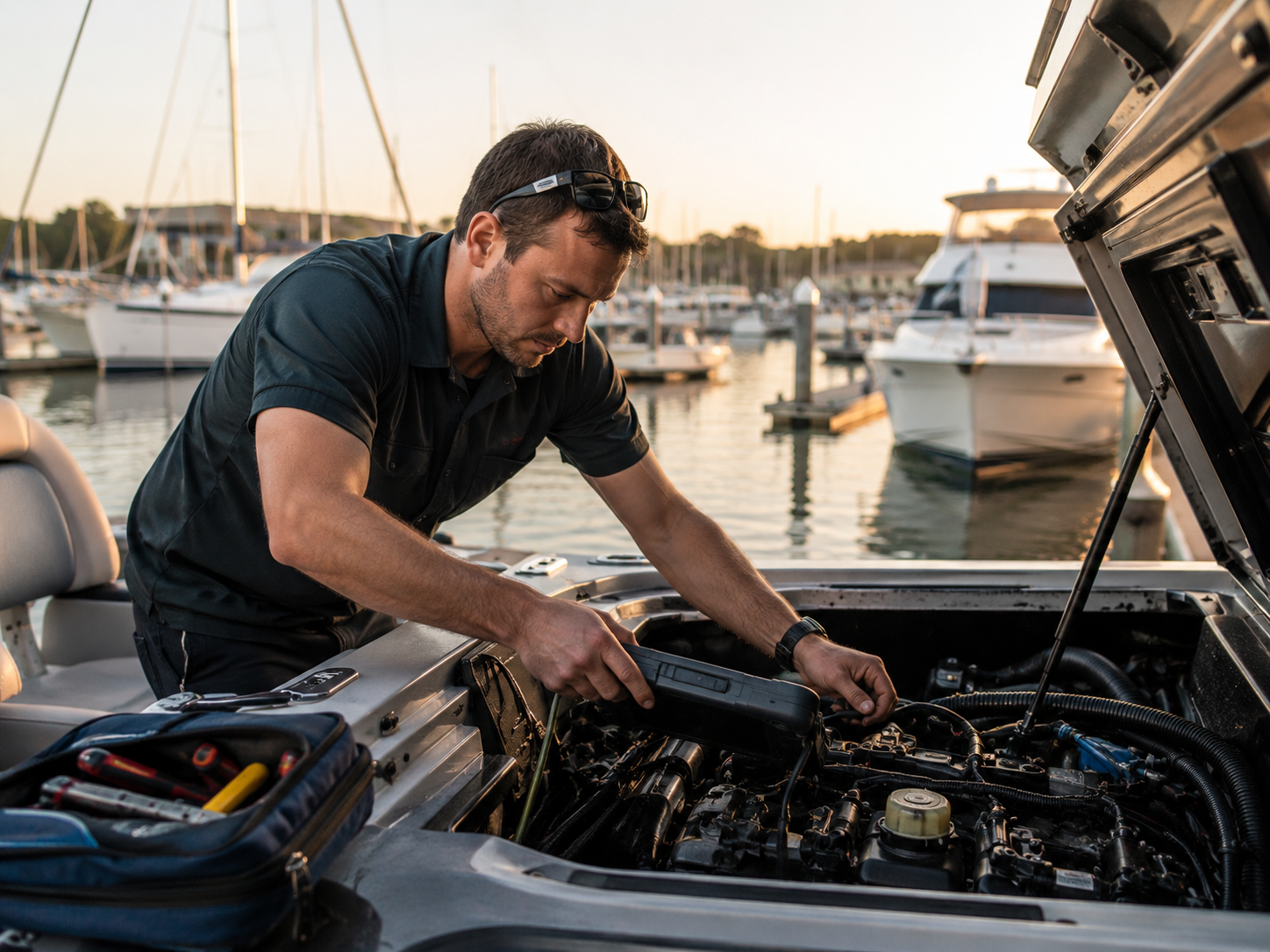 Marine service technician working on a boat