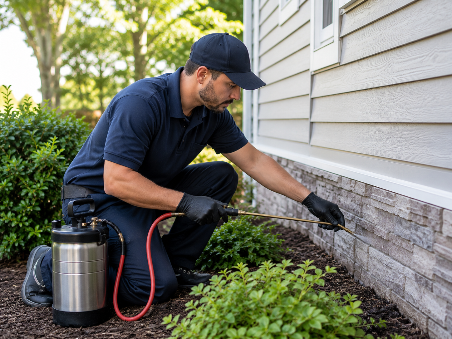 Pest control technician treating a home exterior