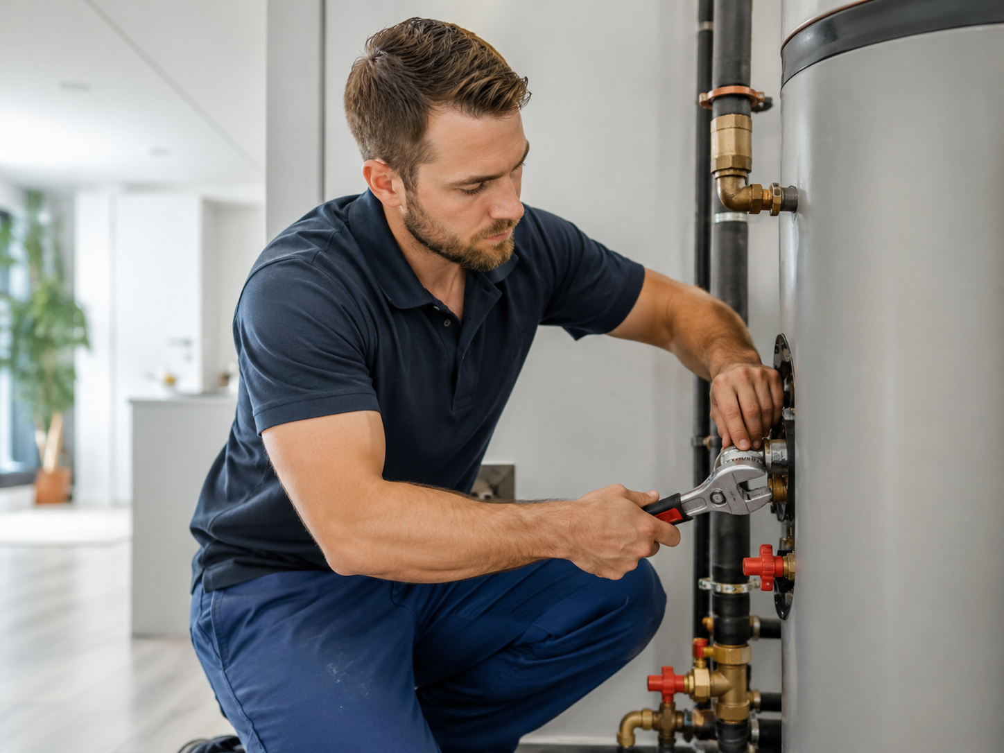 Licensed plumber repairing pipes under a sink