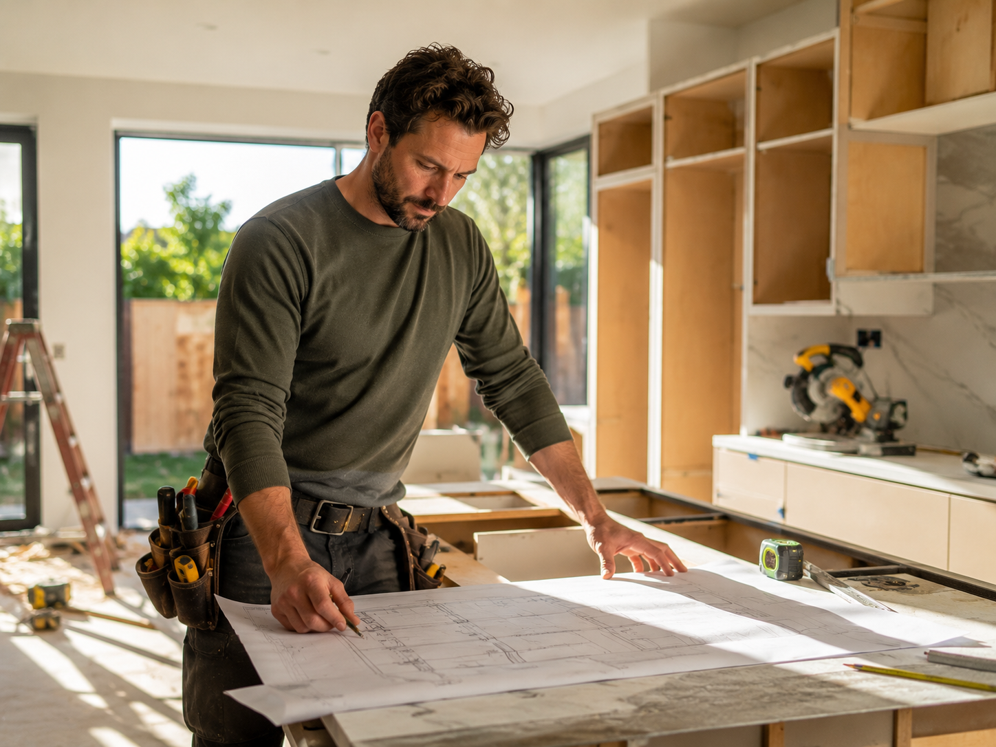 Remodeling contractor reviewing plans in a kitchen renovation